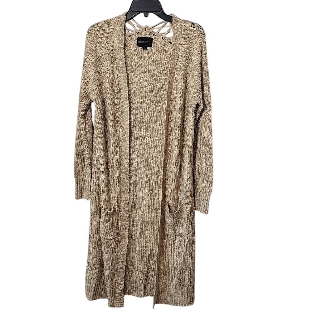 Beige Large Womens Long Cardigan Worldwide Creative Brand With Lace up Shoulder